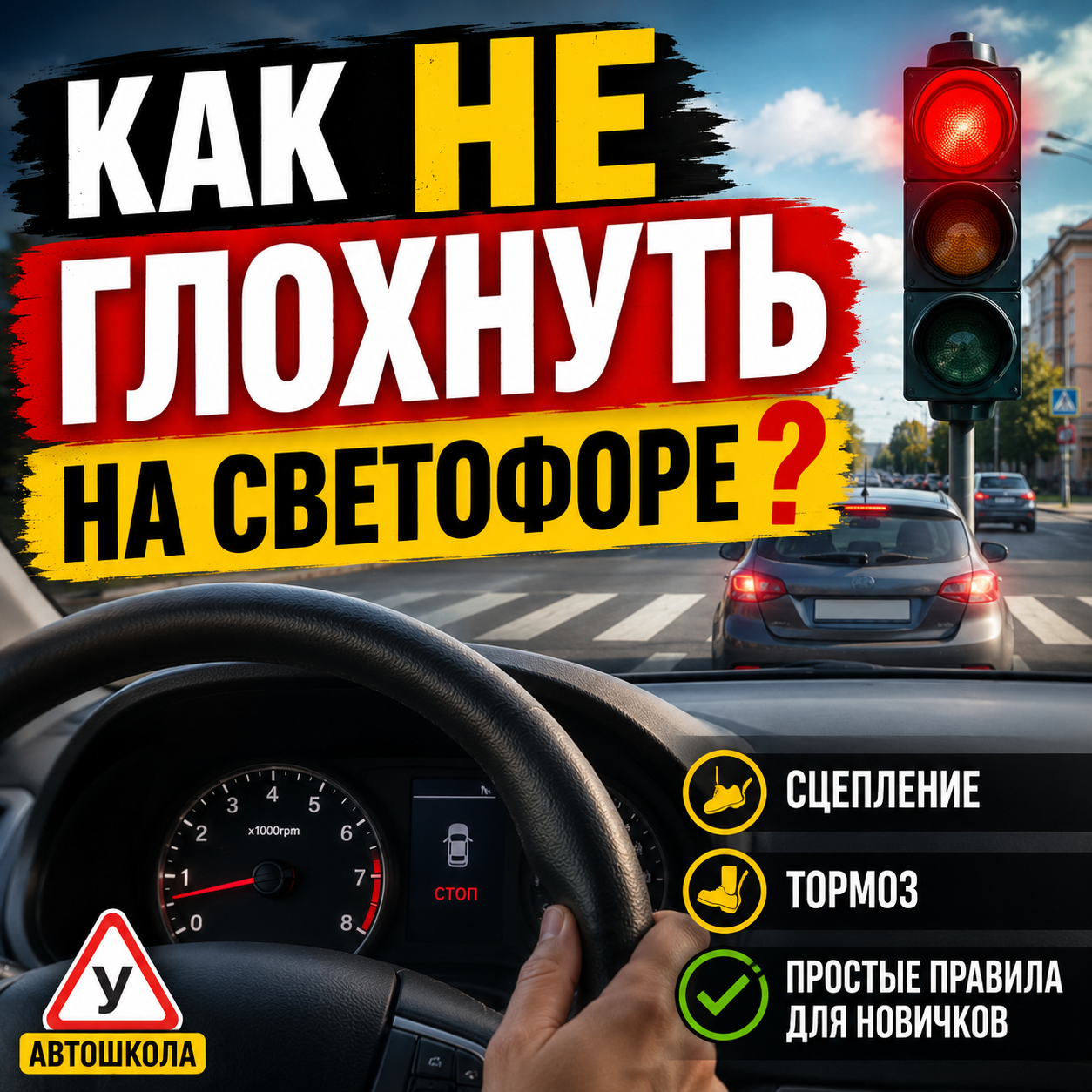 сгенерируй квадратное превью изображение для видео на ютуб для автошколы на тему - Как не глохнуть на светофоре